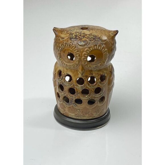 Vintage Stoneware Pottery Owl Tea Light Votive Candle Incense Holder Mid Century - Picture 1 of 9